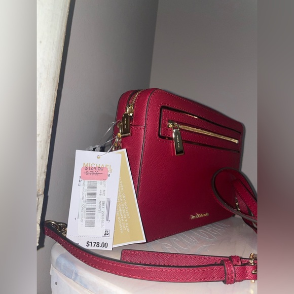 Michael Kors LG Frame Out Item Cherry Red Cross Grain Leather Crossbody Bag - Picture 7 of 16